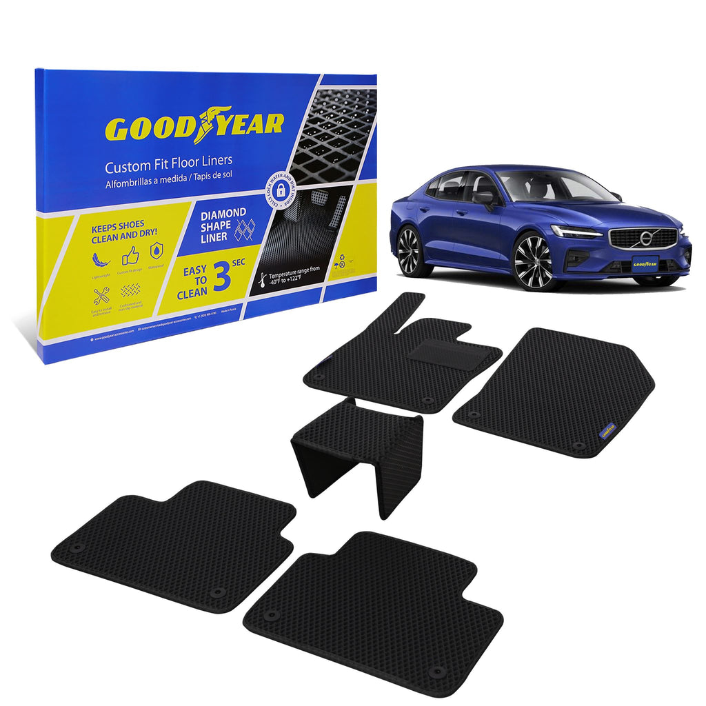 Goodyear Custom Fit Car Floor Liners for Volvo S60 2019-2021 Black/Black 5 Pc. Set All-Weather Diamond Shape Liner Traps Dirt Liquid Rain and Dust Precision Interior Coverage - GY004393v