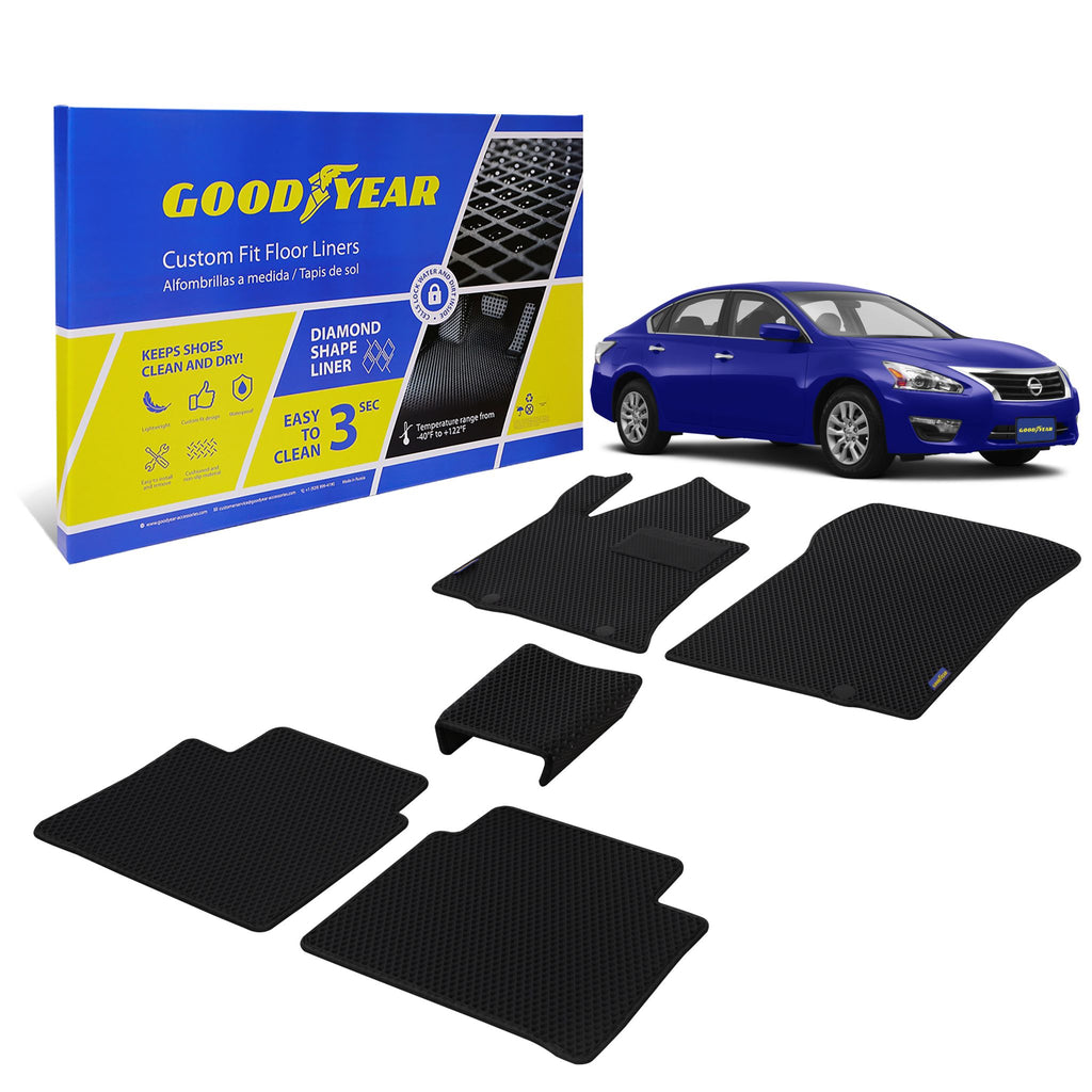 Goodyear Custom Fit Car Floor Liners for Nissan Altima 2013-2015 Black/Black 5 Pc. Set All-Weather Diamond Shape Liner Traps Dirt Liquid Rain and Dust Precision Interior Coverage - GY004402