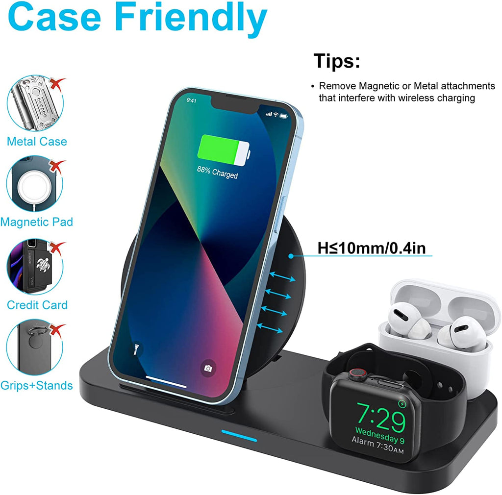 Wireless Charger,  3 in 1 Fast Charging Station Compatible Iphone 14/13/12/11 Series/X/Xs/Xs Max/Xr/8, Android Phone, Apple Watch & Airpods(With QC3.0 Adapter)