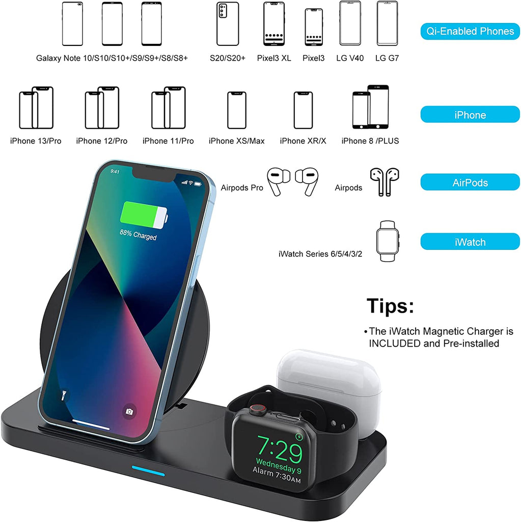 Wireless Charger,  3 in 1 Fast Charging Station Compatible Iphone 14/13/12/11 Series/X/Xs/Xs Max/Xr/8, Android Phone, Apple Watch & Airpods(With QC3.0 Adapter)