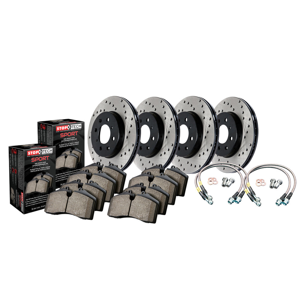 StopTech Sport Axle Pack; Drilled Rotor; 4 Wheel Brake Kit with Brake lines