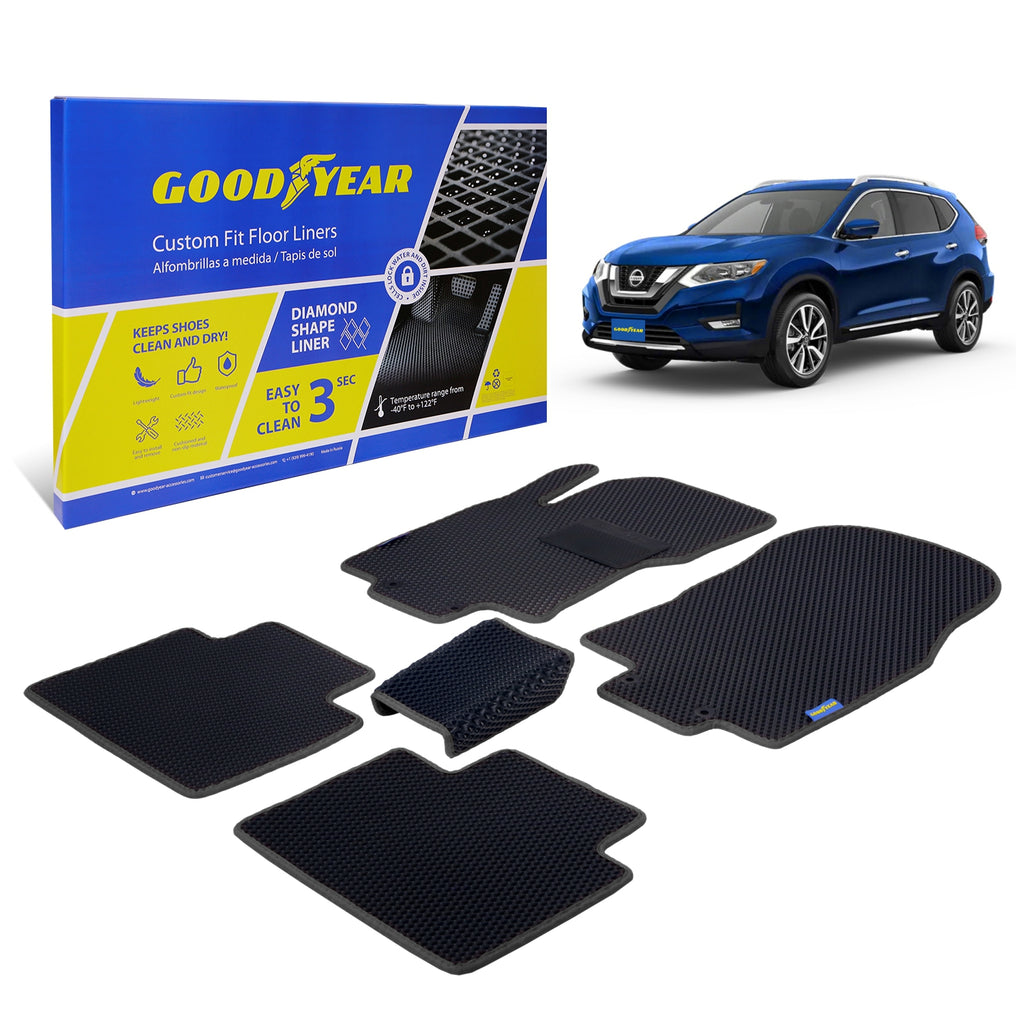 Goodyear Custom Fit Car Floor Liners for Nissan Rogue 2014-2020 Black/Black 5 Pc. Set All-Weather Diamond Shape Liner Traps Dirt Liquid Rain and Dust Precision Interior Coverage - GY004030