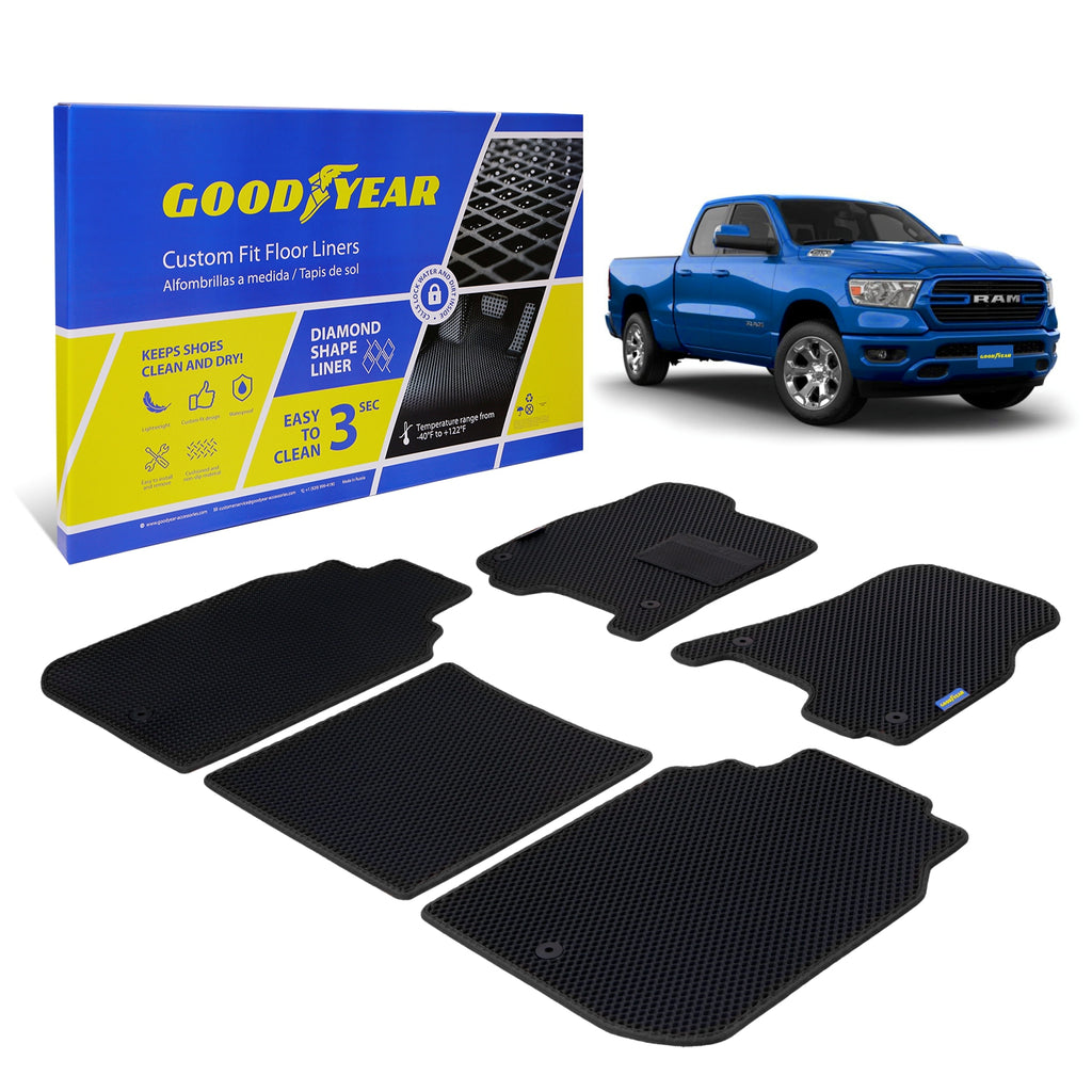 Goodyear Custom Fit Car Floor Liners for Dodge Ram 1500 2019-2021 Crew Cab Black/Black 5 Pc. Set All-Weather Diamond Shape Liner Traps Dirt Liquid Precision Interior Coverage - GY004033