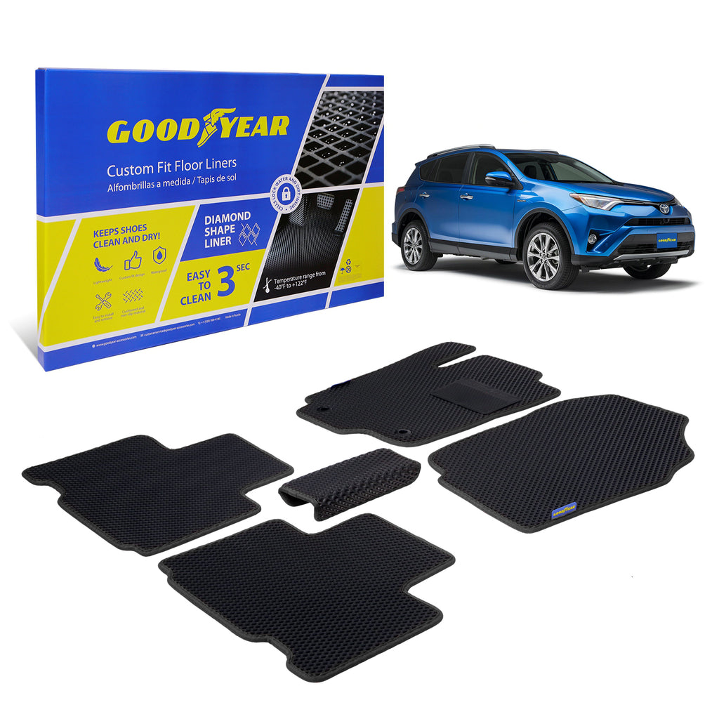 Goodyear Custom Fit Car Floor Liners for Toyota RAV4 2013-2018 Black/Black 5 Pc. Set All-Weather Diamond Shape Liner Traps Dirt Liquid Rain and Dust Precision Interior Coverage - GY004036