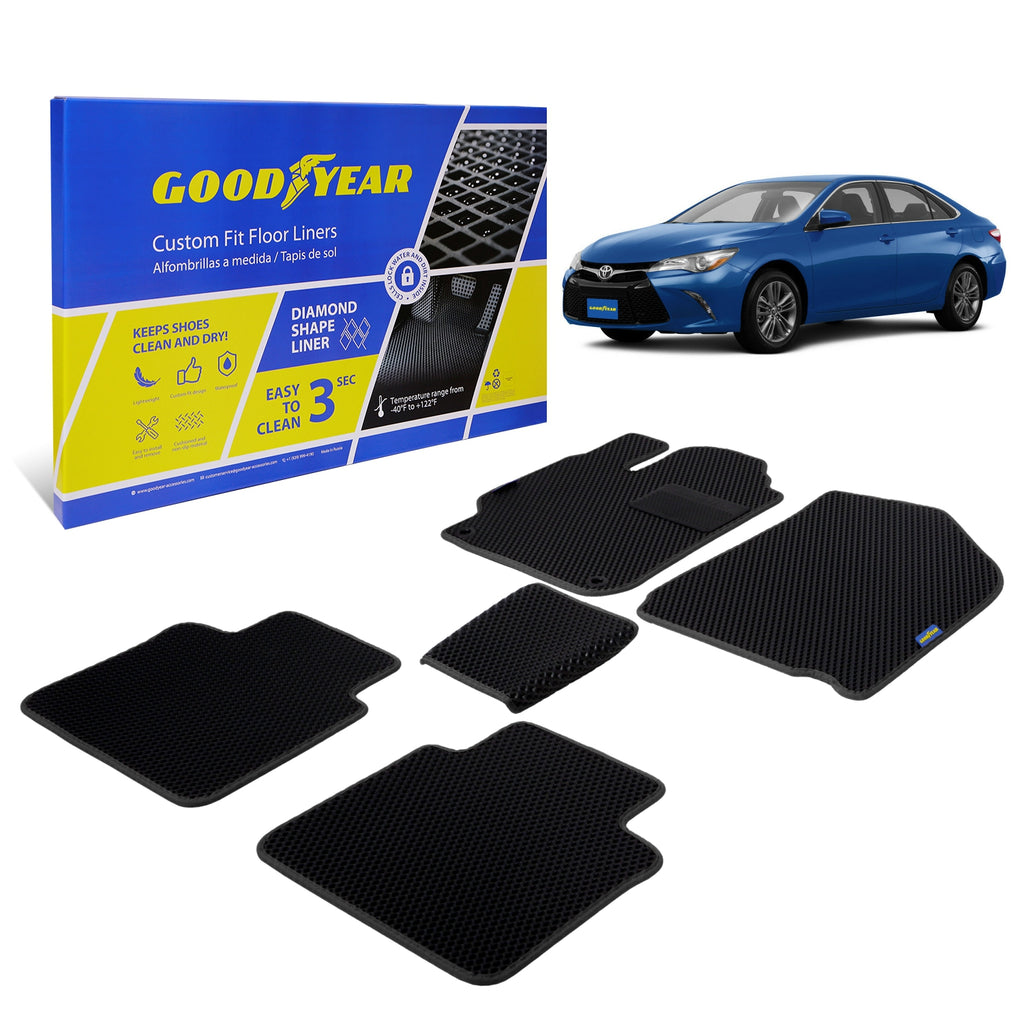 Goodyear Custom Fit Car Floor Liners for Toyota Camry 2015-2017 Black/Black 5 Pc. Set All-Weather Diamond Shape Liner Traps Dirt Liquid Rain and Dust Precision Interior Coverage - GY004042