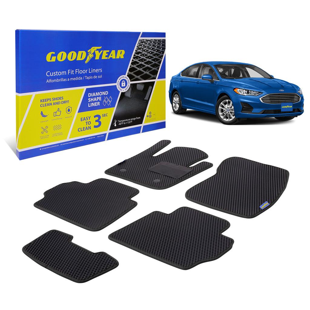 Goodyear Custom Fit Car Floor Liners for Ford Fusion 2013-2016 Black/Black 5 Pc. Set All-Weather Diamond Shape Liner Traps Dirt Liquid Precision Interior Coverage - GY004048