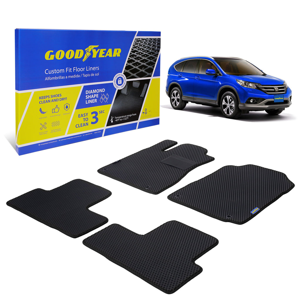 Goodyear Custom Fit Car Floor Liners for Honda CR-V 2012-2016 Black/Black 4 Pc. Set All-Weather Diamond Shape Liner Traps Dirt Liquid Rain and Dust Precision Interior Coverage - GY004057