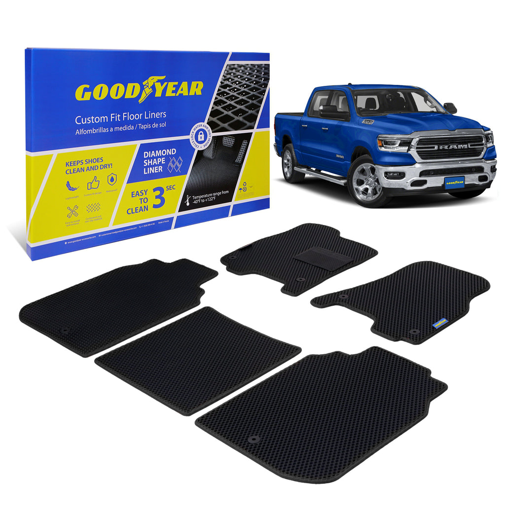 Goodyear Custom Fit Car Floor Liners for Dodge Ram 1500 2009-2018 Crew Cab Black/Black 5 Pc. Set All-Weather Diamond Shape Liner Traps Dirt Liquid Precision Interior Coverage - GY004069