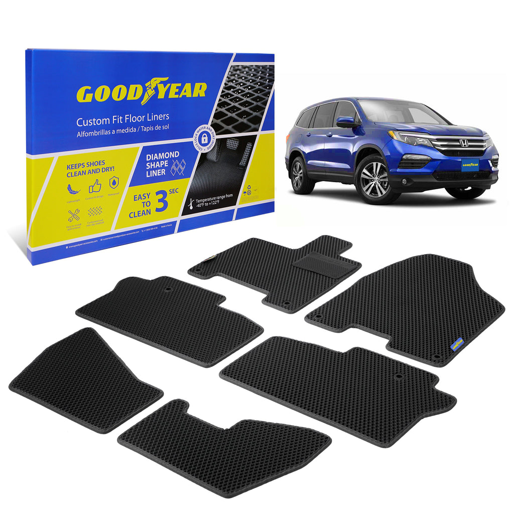 Goodyear Custom Fit Car Floor Liners for Honda Pilot 2016-2021 Black/Black 6 Pc. Set All-Weather Diamond Shape Liner Traps Dirt Liquid Rain and Dust Precision Interior Coverage - GY004081