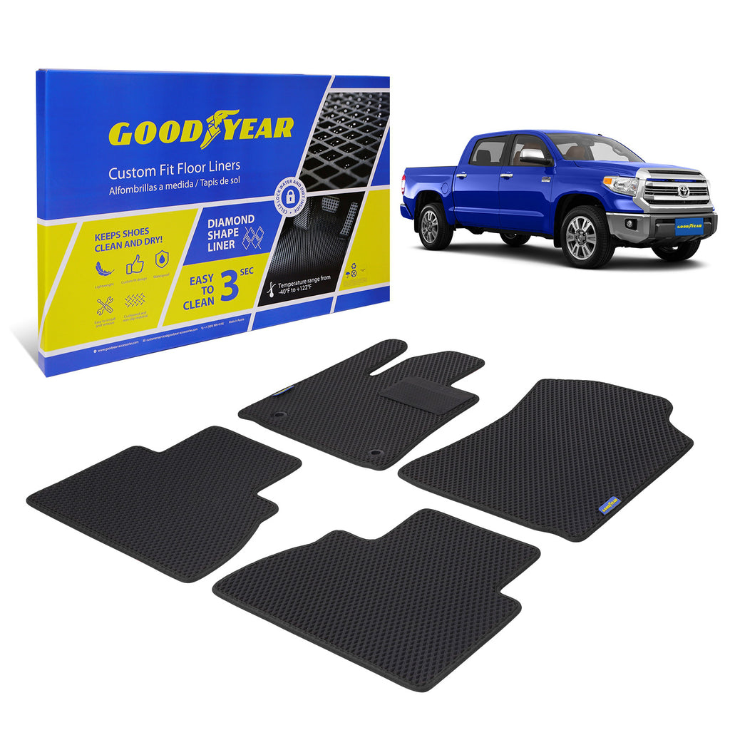 Goodyear Custom Fit Car Floor Liners for Toyota Tundra 2014-2021 CrewMax Black/Black 4 Pc. Set All-Weather Diamond Shape Liner Traps Dirt Liquid Precision Interior Coverage - GY004087