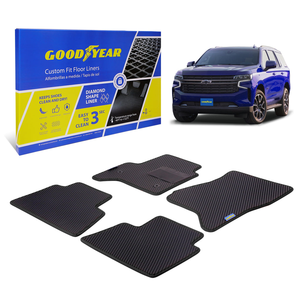 Goodyear Custom Fit Car Floor Liners for Chevrolet Tahoe 2015-2020 Black/Black 4 Pc. Set All-Weather Diamond Shape Liner Traps Dirt Liquid Precision Interior Coverage - GY004093