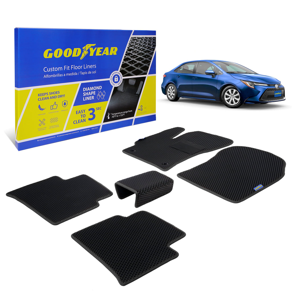 Goodyear Custom Fit Car Floor Liners for Toyota Corolla 2020-2021 Black/Black 5 Pc. Set All-Weather Diamond Shape Liner Traps Dirt Liquid Rain and Dust Precision Interior Coverage - GY004102