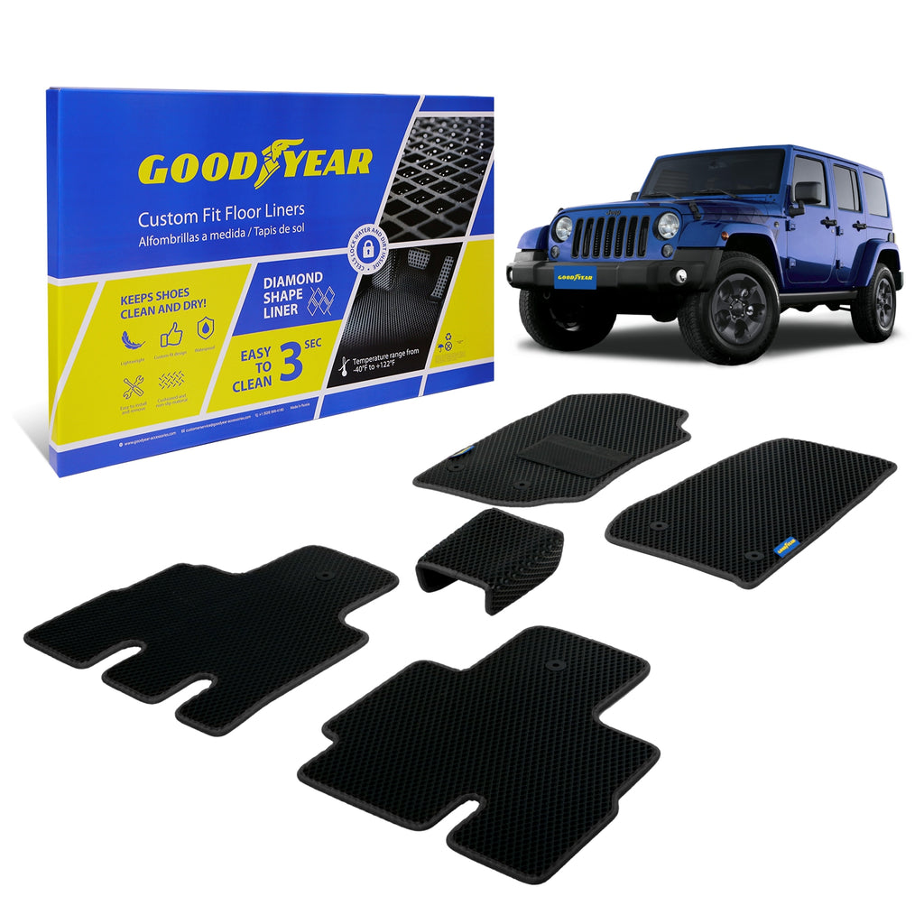 Goodyear Custom Fit Car Floor Liners for Jeep Wrangler 2014-2018 Black/Black 5 Pc. Set All-Weather Diamond Shape Liner Traps Dirt Liquid Precision Interior Coverage - GY004123