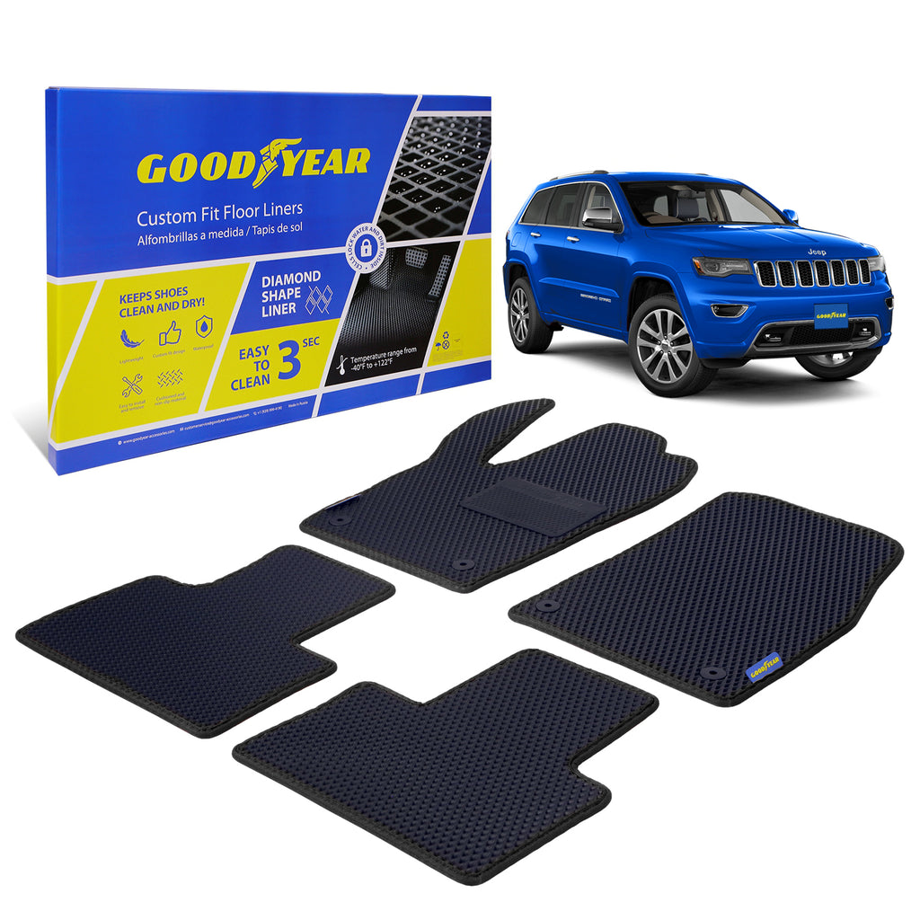 Goodyear Custom Fit Car Floor Liners for Jeep Grand Cherokee 2016-2020 Black/Black 4 Pc.Set All-Weather Diamond Shape Liner Traps Dirt Liquid Precision Interior Coverage - GY004129