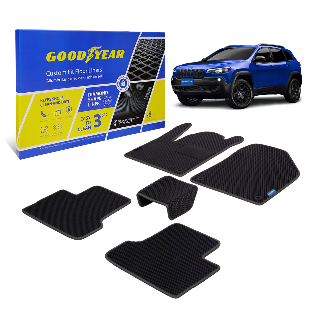 Goodyear Custom Fit Car Floor Liners for Jeep Cherokee 2015-2021 Black/Black 5 Pc. Set All-Weather Diamond Shape Liner Traps Dirt Liquid Precision Interior Coverage - GY004135