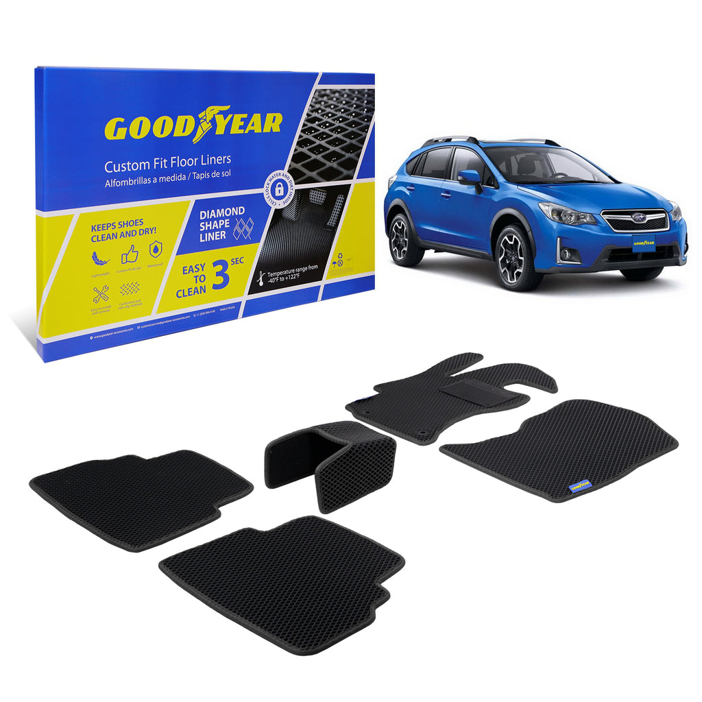 Goodyear Custom Fit Car Floor Liners for Subaru XV (Crosstrek) 2018-2021 Black/Black 5 Pc. Set All-Weather Diamond Shape Liner Traps Dirt Liquid Precision Interior Coverage - GY004138