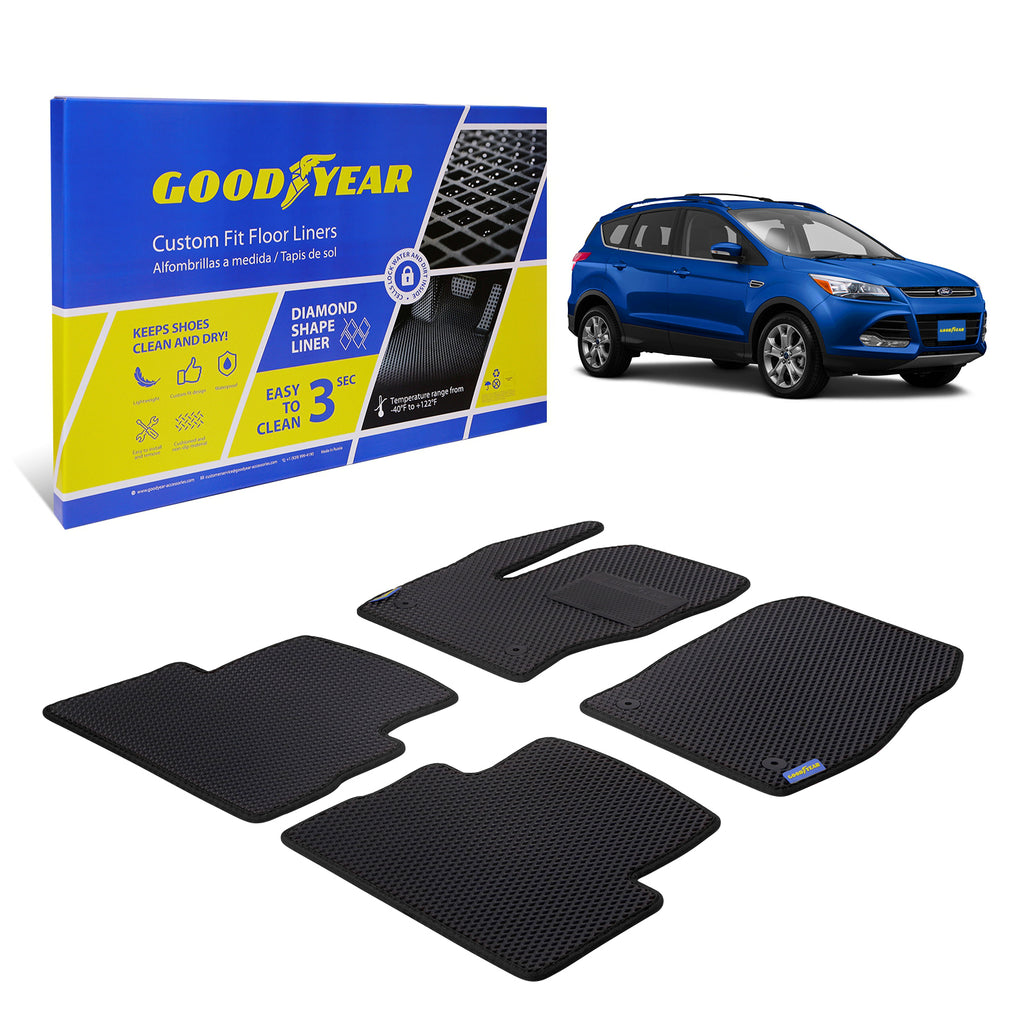 Goodyear Custom Fit Car Floor Liners for Ford Escape 2013-2019 Black/Black 4 Pc. Set All-Weather Diamond Shape Liner Traps Dirt Liquid Rain and Dust Precision Interior Coverage - GY004144