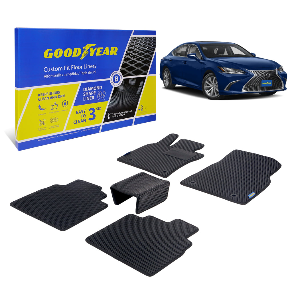 Goodyear Custom Fit Car Floor Liners for Lexus ES 2019-2021 Black/Black 5 Pc. Set All-Weather Diamond Shape Liner Traps Dirt Liquid Precision Interior Coverage - GY004153