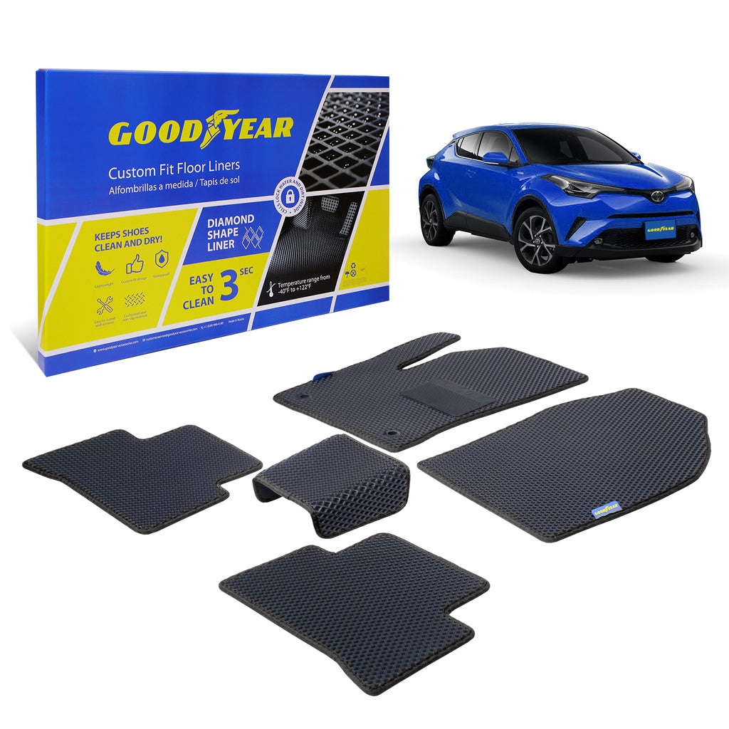 Goodyear Custom Fit Car Floor Liners for Toyota C-HR 2018-2020 Black/Black 5 Pc. Set All-Weather Diamond Shape Liner Traps Dirt Liquid Precision Interior Coverage - GY004174