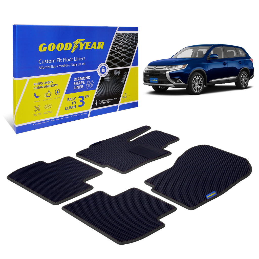 Goodyear Custom Fit Car Floor Liners for Mitsubishi Outlander 2014-2020 Black/Black 5 Pc. Set All-Weather Diamond Shape Liner Traps Dirt Liquid Precision Interior Coverage - GY004177