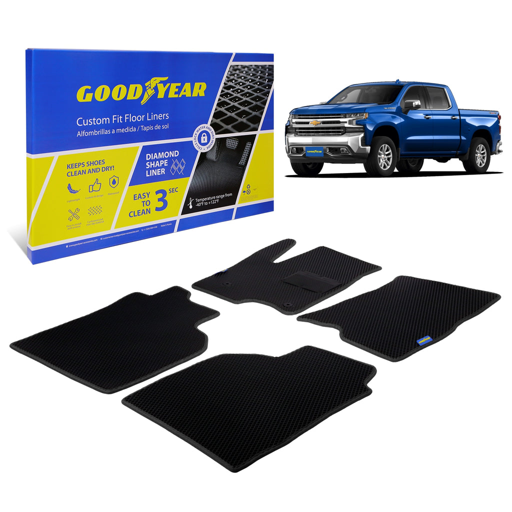 Goodyear Custom Fit Car Floor Liners for Chevrolet (Chevy) Silverado/for GMC Sierra 2019-2021 Crew Cab Black/Black All-Weather Diamond Shape Liner Traps Dirt LiquidPrecision Interior Coverage-GY004189