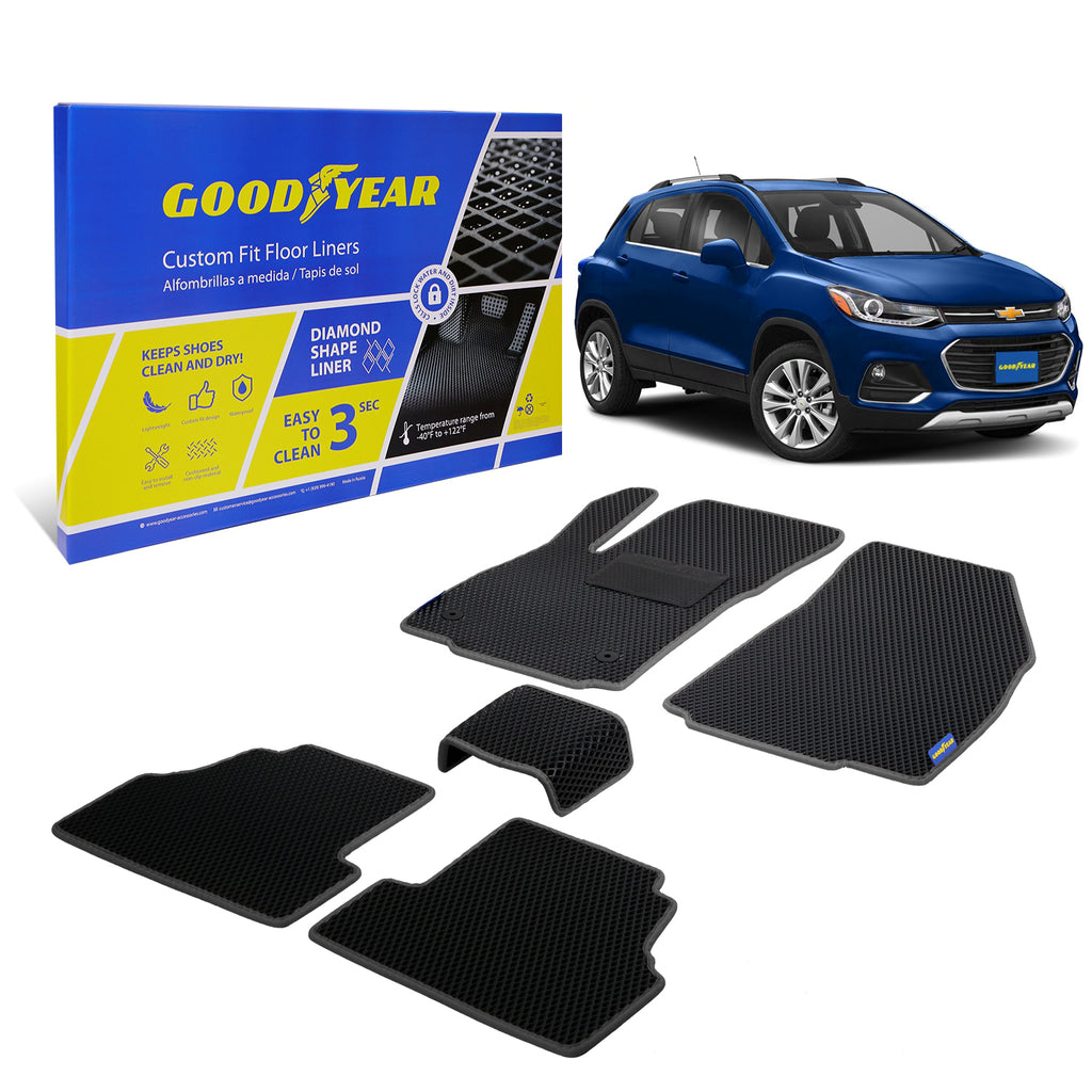 Goodyear Custom Fit Car Floor Liners for Chevrolet Trax 2015-2021 Black/Black 5 Pc. Set All-Weather Diamond Shape Liner Traps Dirt Liquid Precision Interior Coverage - GY004195