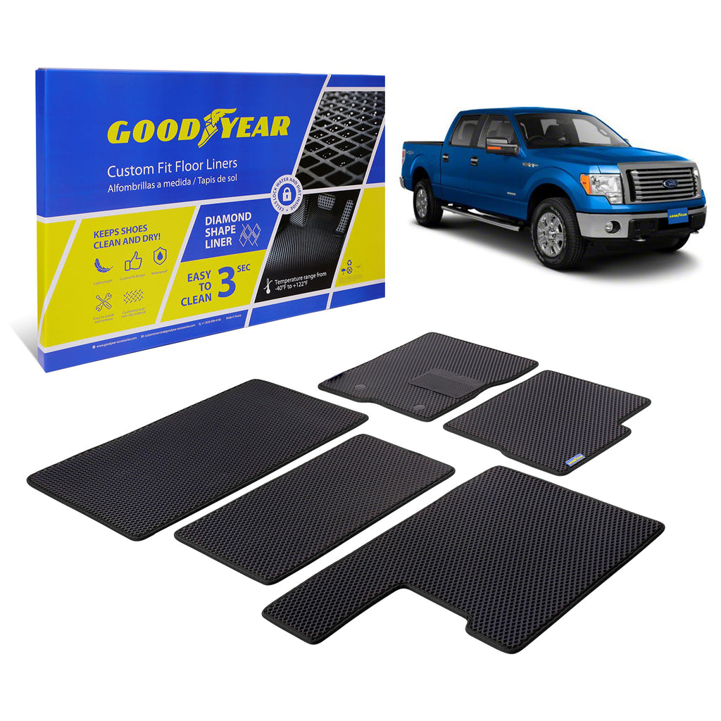 Goodyear Custom Fit Car Floor Liners for Ford F-150 2010-2014 SuperCrew Black/Black 5 Pc. Set All-Weather Diamond Shape Liner Traps Dirt Liquid Precision Interior Coverage - GY004204