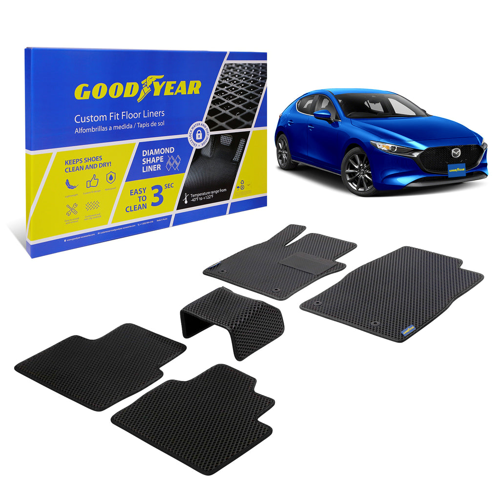 Goodyear Custom Fit Car Floor Liners for Mazda 3 2019-2021 Black/Black 5 Pc. Set All-Weather Diamond Shape Liner Traps Dirt Liquid Precision Interior Coverage - GY004219