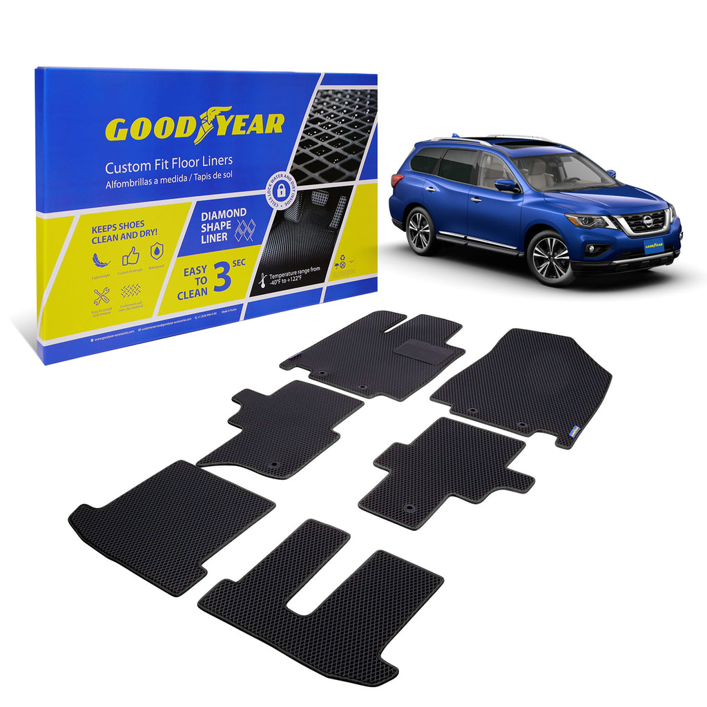 Goodyear Custom Fit Car Floor Liners for Nissan Pathfinder 2013-2020 Black/Black 6 Pc. Set All-Weather Diamond Shape Liner Traps Dirt Liquid Precision Interior Coverage - GY004237