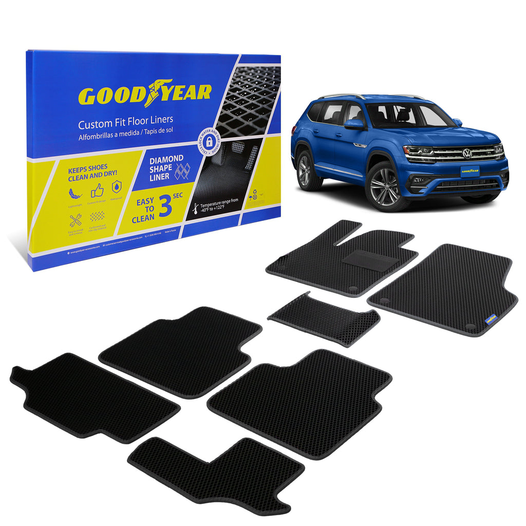 Goodyear Custom Fit Car Floor Liners for Volkswagen (VW) Atlas 2018-2021 Black/Black 7 Pc. Set All-Weather Diamond Shape Liner Traps Dirt Liquid Precision Interior Coverage - GY004243