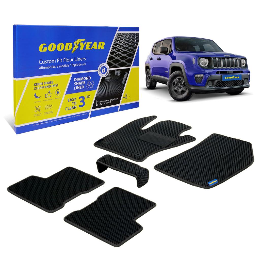 Goodyear Custom Fit Car Floor Liners for Jeep Renegade 2015-2021 Black/Black 5 Pc. Set All-Weather Diamond Shape Liner Traps Dirt Liquid Precision Interior Coverage - GY004246