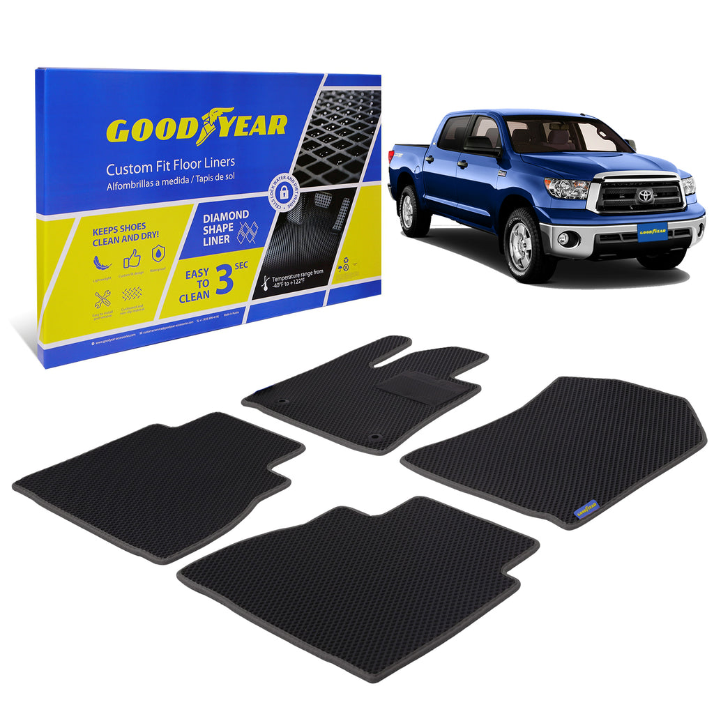 Goodyear Custom Fit Car Floor Liners for Toyota Tundra 2010-2013 CrewMax Black/Black 4 Pc. Set All-Weather Diamond Shape Liner Traps Dirt Liquid Precision Interior Coverage - GY004252