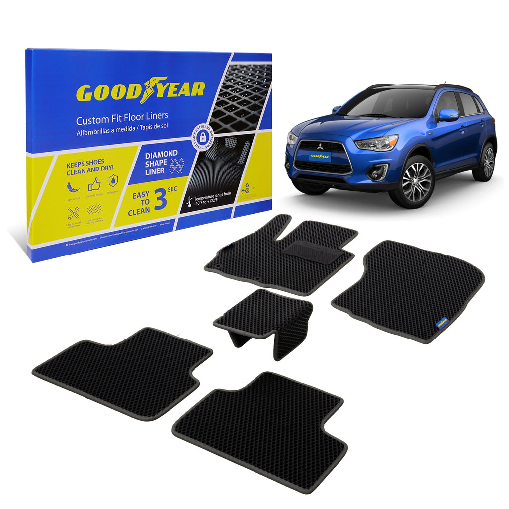 Goodyear Custom Fit Car Floor Liners for Mitsubishi Outlander Sport 2011-2021 Black/Black 5 Pc. Set All-Weather Diamond Shape Liner Traps Dirt Liquid Precision Interior Coverage - GY004258