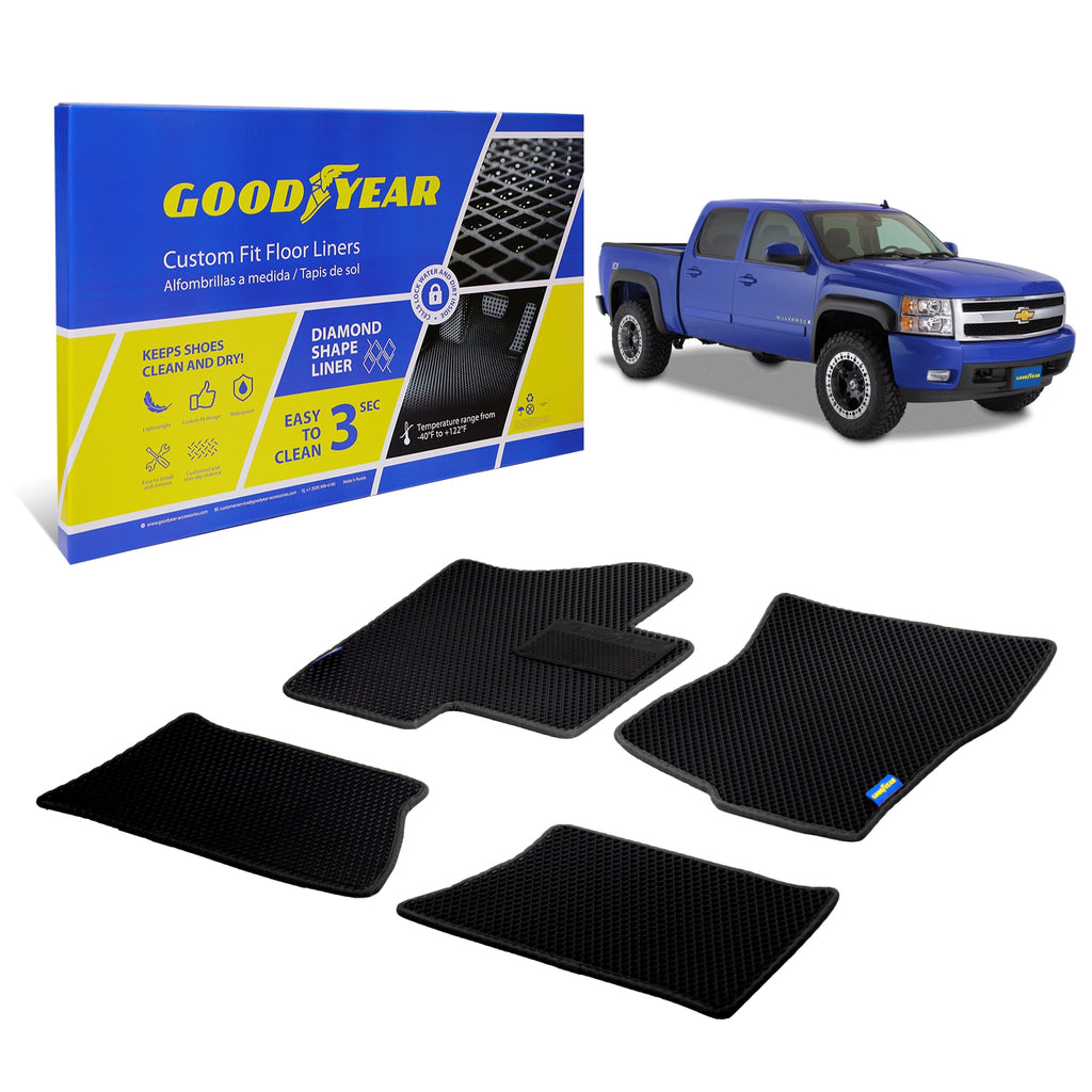 Goodyear Custom Fit Car Floor Liners for Chevrolet (Chevy) Silverado/for GMC Sierra 2007-2013 Crew Cab Black/Black All-Weather Diamond Shape Liner Traps Dirt Precision Interior Coverage - GY004264