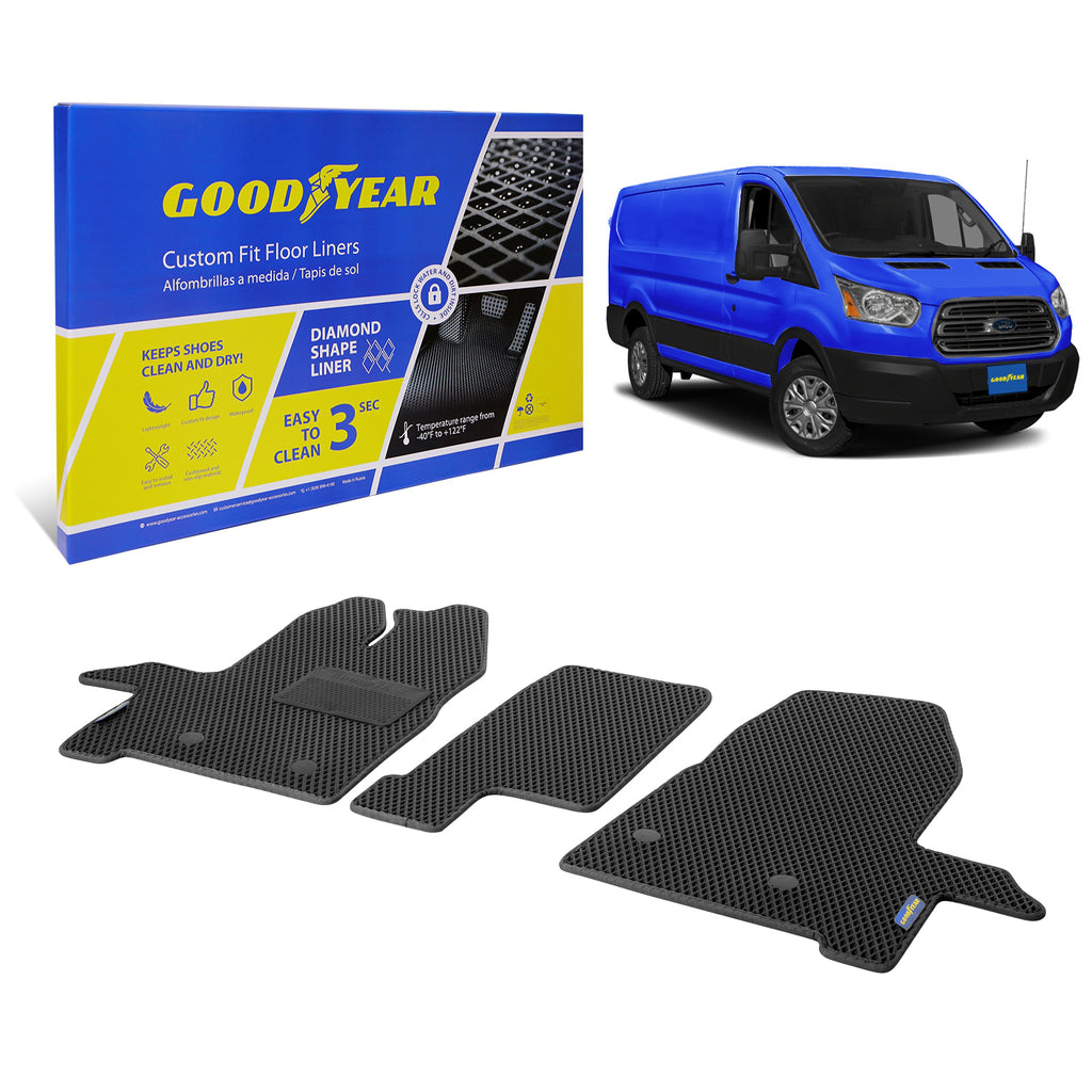 Goodyear Custom Fit Car Floor Liners for Ford Transit 2015-2020 Black/Black 3 Pc. Set All-Weather Diamond Shape Liner Traps Dirt Liquid Precision Interior Coverage - GY004270