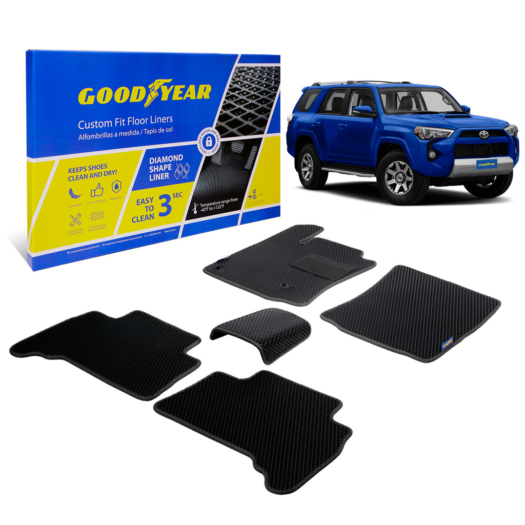 Goodyear Custom Fit Car Floor Liners for Toyota 4Runner 2010-2012 Black/Black 5 Pc. Set All-Weather Diamond Shape Liner Traps Dirt Liquid Precision Interior Coverage - GY004276