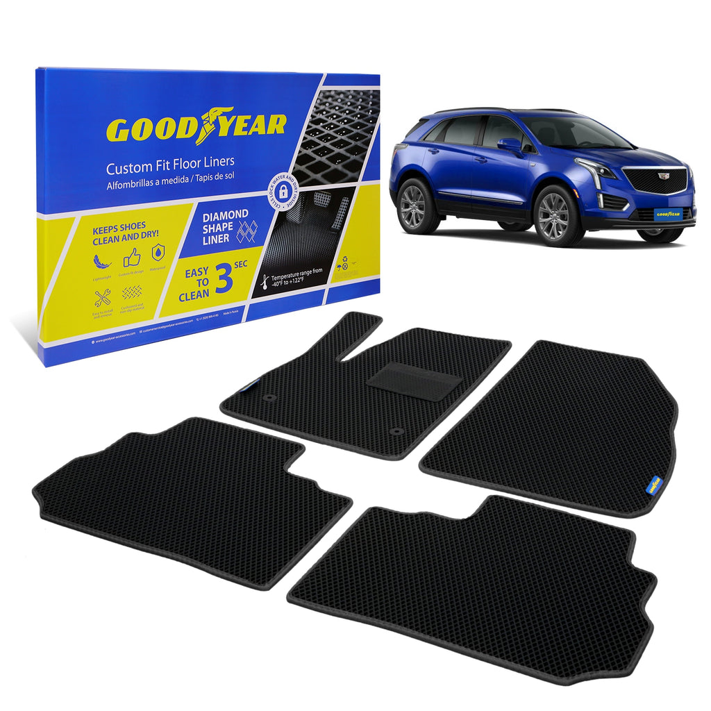 Goodyear Custom Fit Car Floor Liners for Cadillac XT5 2017-2021 Black/Black 4 Pc. Set All-Weather Diamond Shape Liner Traps Dirt Liquid Precision Interior Coverage - GY004288