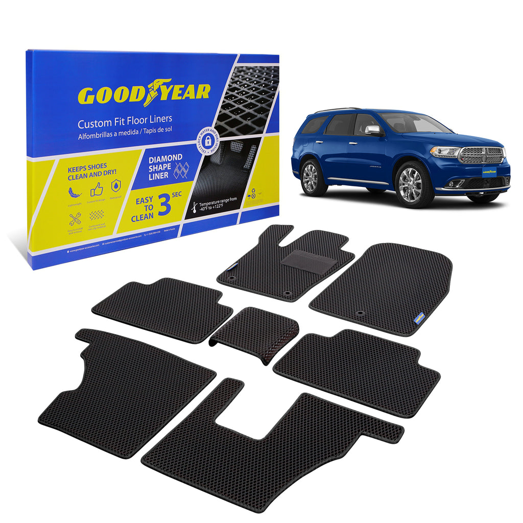 Goodyear Custom Fit Car Floor Liners for Dodge Durango 2011-2020 Black/Black 6 Pc. Set All-Weather Diamond Shape Liner Traps Dirt Liquid Precision Interior Coverage - GY004291