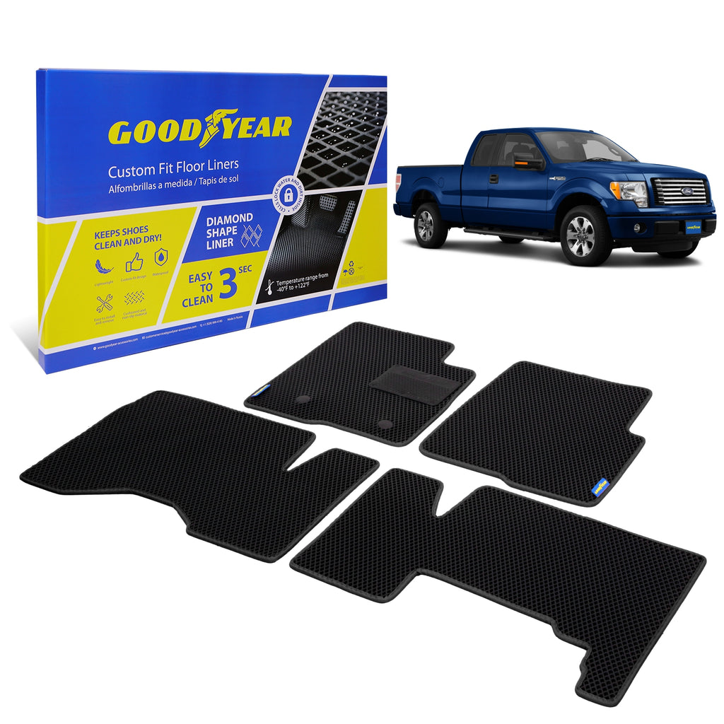 Goodyear Custom Fit Car Floor Liners for Ford F-150 2009-2014 SuperCab Black/Black 4 Pc. Set All-Weather Diamond Shape Liner Traps Dirt Liquid Precision Interior Coverage - GY004300