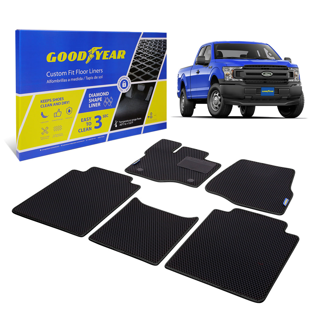 Goodyear Custom Fit Car Floor Liners for Ford F-150 2015-2021 SuperCab Black/Black 5 Pc. Set All-Weather Diamond Shape Liner Traps Dirt Liquid Precision Interior Coverage - GY004303