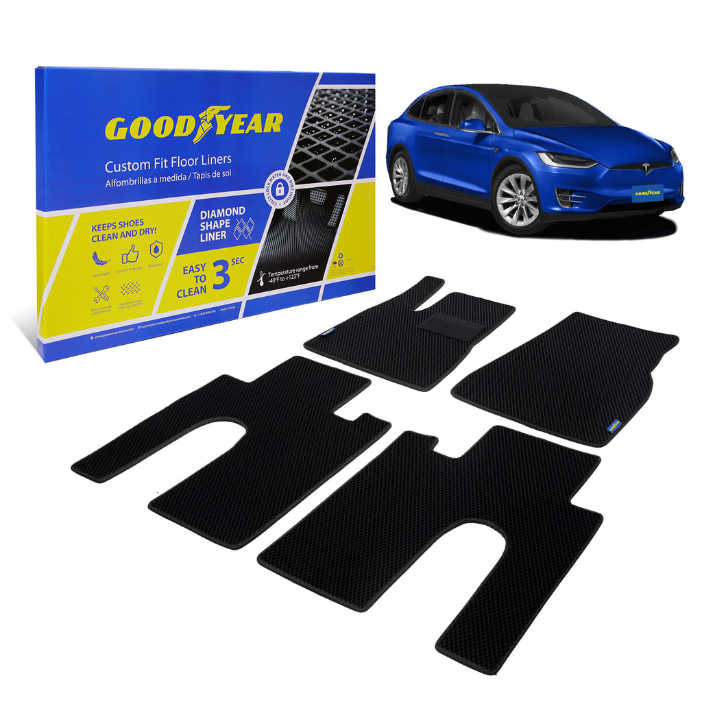 Goodyear Custom Fit Car Floor Liners for Tesla Model X 2017-2021 Black/Black 4 Pc. Set All-Weather Diamond Shape Liner Traps Dirt Liquid Precision Interior Coverage - GY004312