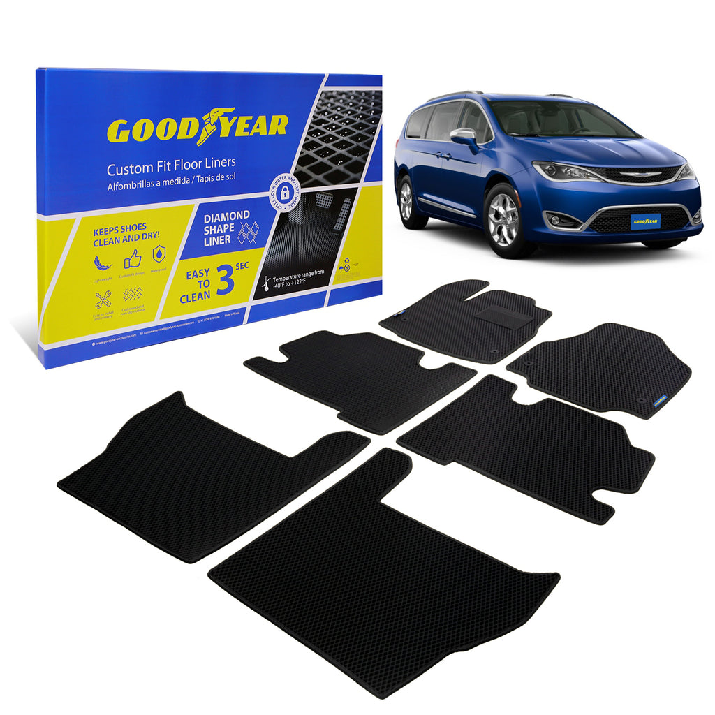 Goodyear Custom Fit Car Floor Liners for Chrysler Pacifica 2017-2021 Black/Black 6 Pc. Set All-Weather Diamond Shape Liner Traps Dirt Liquid Precision Interior Coverage - GY004330