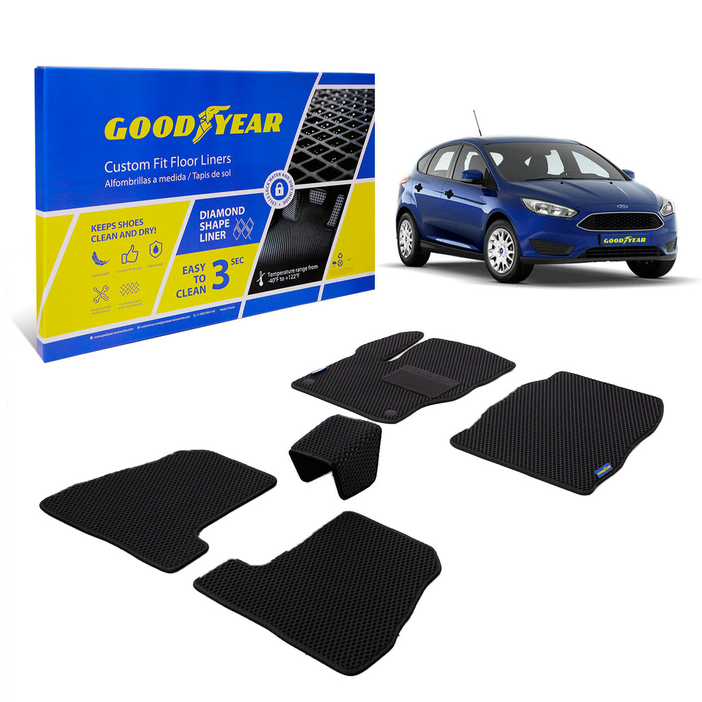 Goodyear Custom Fit Car Floor Liners for Ford Focus 2012-2018 Hatchback Sedan Black/Black 4 Pc. Set All-Weather Diamond Shape Liner Traps DirtPrecision Interior Coverage - GY004336