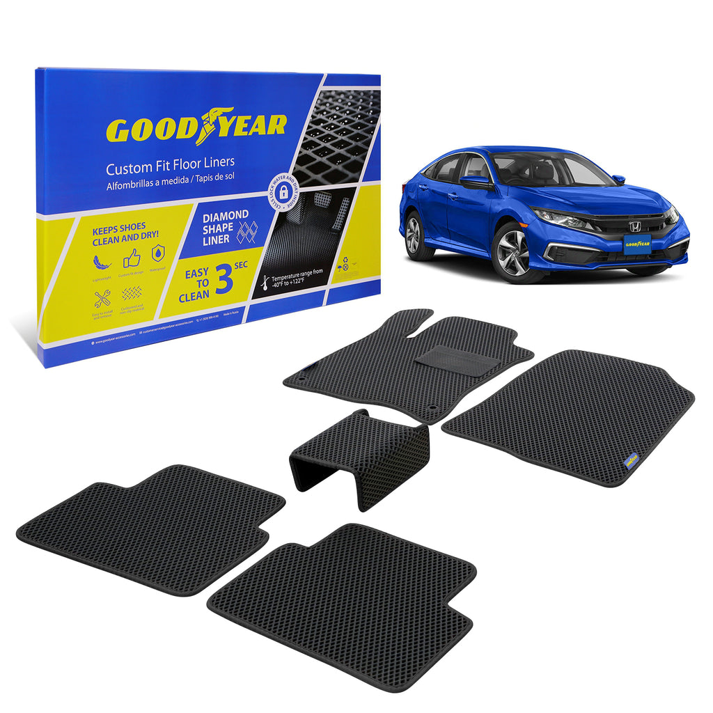 Goodyear Custom Fit Car Floor Liners for Honda Civic 2016-2021 Black/Black 5 Pc. Set All-Weather Diamond Shape Liner Traps Dirt Liquid Precision Interior Coverage - GY004339