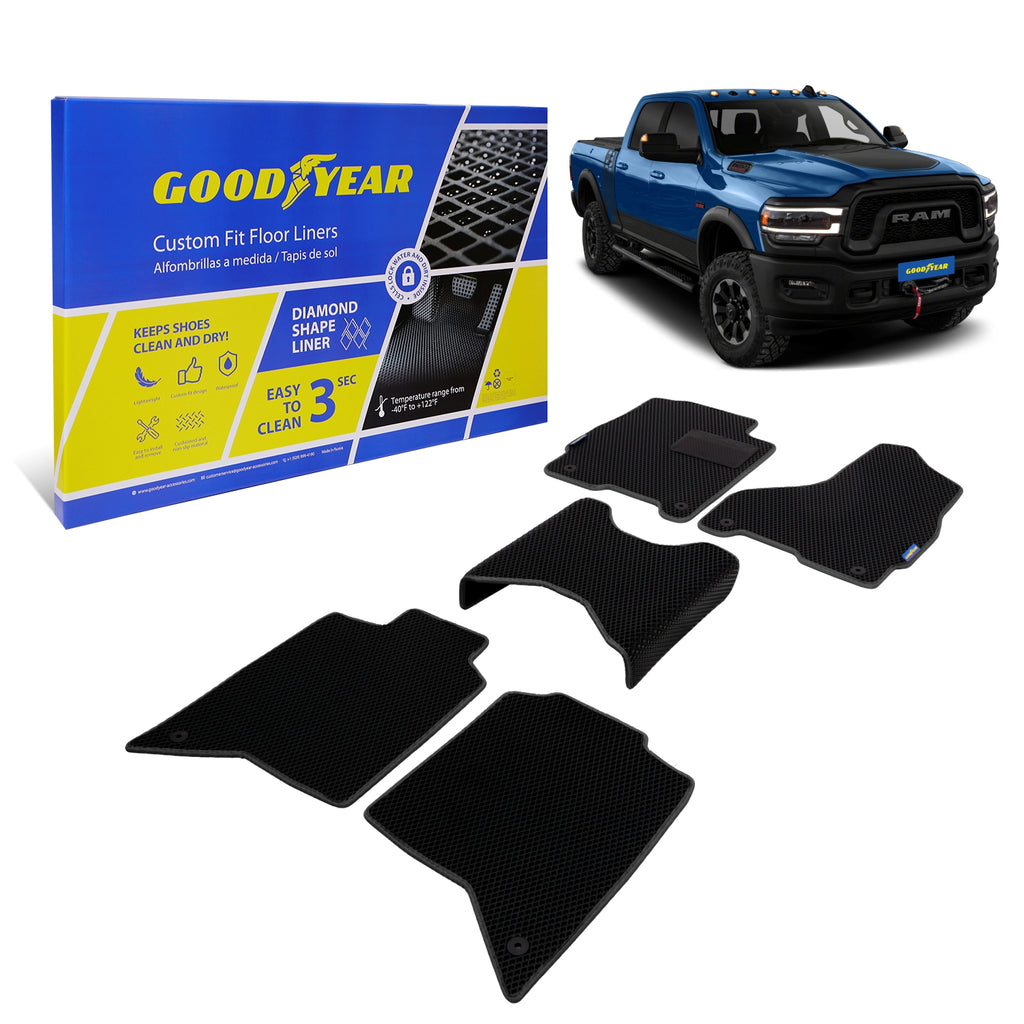 Goodyear Custom Fit Car Floor Liners for Dodge Ram 2500 2019-2021 Crew Cab Black/Black 5 Pc. Set All-Weather Diamond Shape Liner Traps Dirt Liquid Precision Interior Coverage - GY004351