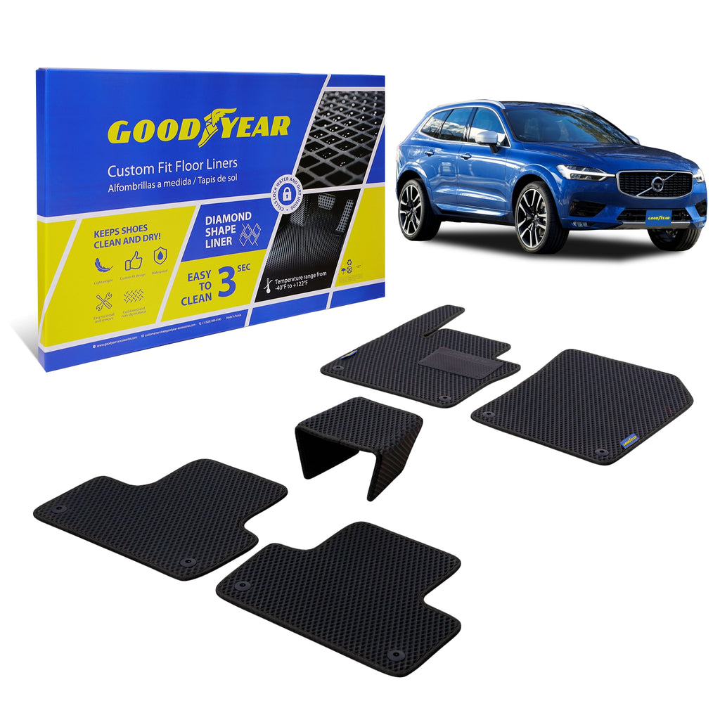 Goodyear Custom Fit Car Floor Liners for Volvo XC60 2018-2021 Black/Black 5 Pc. Set All-Weather Diamond Shape Liner Traps Dirt Liquid Precision Interior Coverage - GY004357