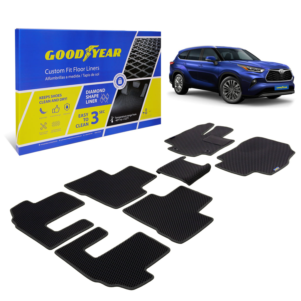 Goodyear Custom Fit Car Floor Liners for Toyota Highlander 2020-2021 Black/Black 7 Pc. Set All-Weather Diamond Shape Liner Traps Dirt Liquid Precision Interior Coverage - GY004369