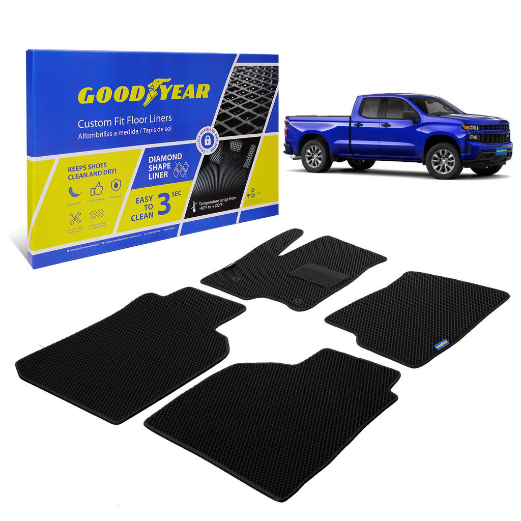 Goodyear Custom Fit Car Floor Liners for Chevrolet (Chevy) Silverado/GMC Sierra 2019-2021 Double Cab Black/Black All-Weather Diamond Shape Liner Traps DirtPrecision Interior Coverage - GY004372