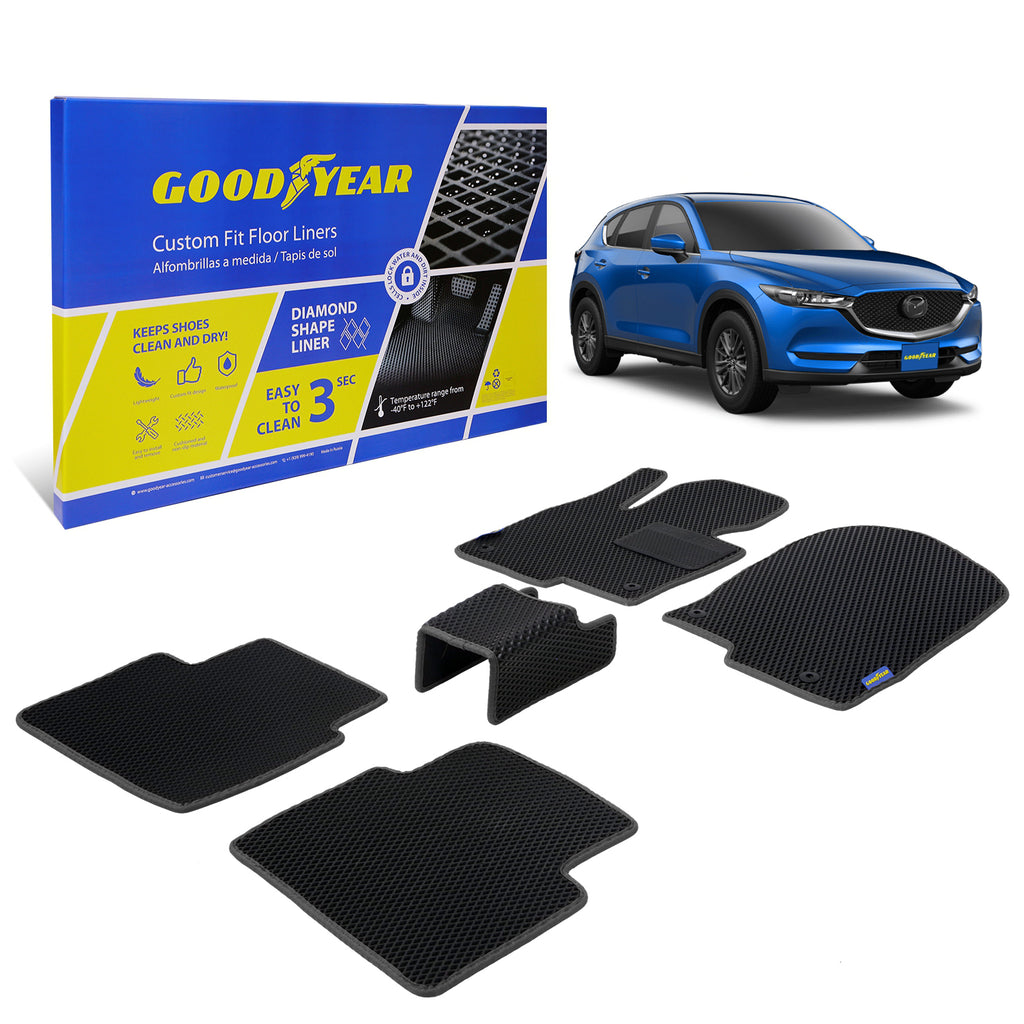 Goodyear Custom Fit Car Floor Liners for Mazda CX-5 2017-2021 Black/Black 5 Pc. Set All-Weather Diamond Shape Liner Traps Dirt Liquid Rain and Dust Precision Interior Coverage - GY004417