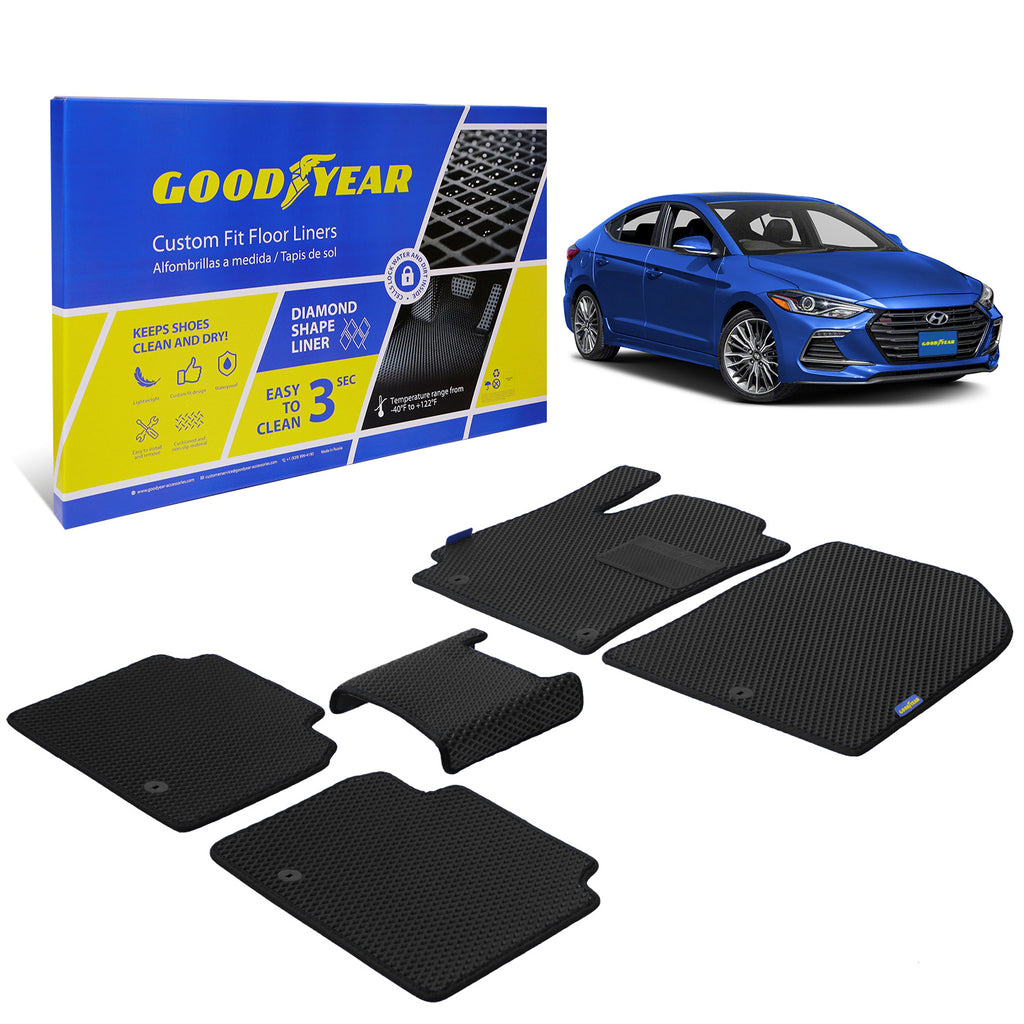 Goodyear Custom Fit Car Floor Liners for Hyundai Elantra 2017-2020 Black/Black 5 Pc. Set All-Weather Diamond Shape Liner Traps Dirt Liquid Rain and Dust Precision Interior Coverage - GY004418